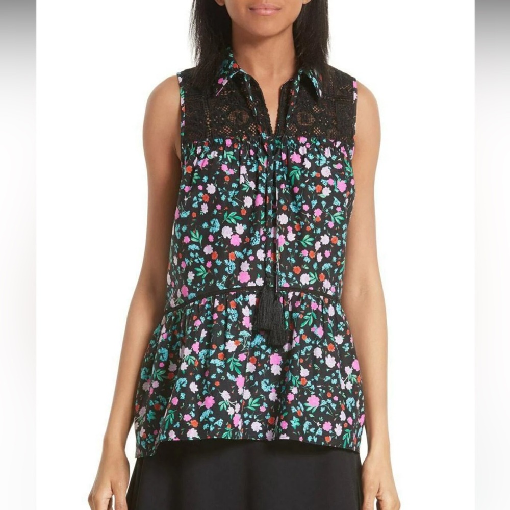 Kate Spade Black Sleeveless Cotton Silk Peplum Lace Top sz L